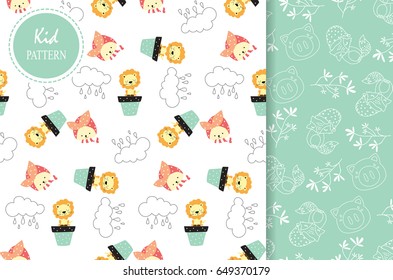 Light blue,white seamless pattern with fox,pig,lion and cat