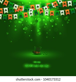 Light with blurred bokeh on dark green background for St.Patrick's Day,design with leprechaun hat,bunting,clovers and place for your text,vector illustration