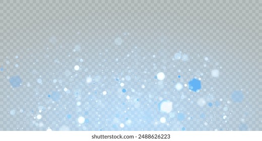 Light bokeh of blue dust with reflections. Christmas glowing bokeh and glitter overlay texture for your design on a transparent background. Blue particles abstract vector background.