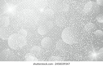 Light bokeh effect and glitter sparkles isolated on transparent background, flare from lights. Blurred round bokeh as holiday, celebration,festive wallpaper. Glowing light bokeh confetti. Vector EPS10