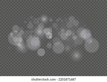 Light bokeh effect isolated on transparent background. Light abstract glowing bokeh lights. Christmas background from shining dust. Christmas concept flare sparkle. White png dust light. 