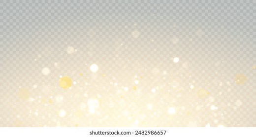 Light bokeh of gold dust with reflections. Christmas glowing bokeh and glitter overlay texture for your design on a transparent background. Gold particles abstract vector background.