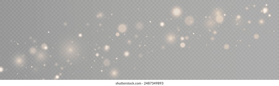 Light bokeh of gold dust with reflections. Christmas glowing bokeh and glitter overlay texture for your design on a transparent background. Gold particles abstract vector background.