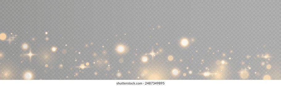 Light bokeh of gold dust with reflections. Christmas glowing bokeh and glitter overlay texture for your design on a transparent background. Gold particles abstract vector background.