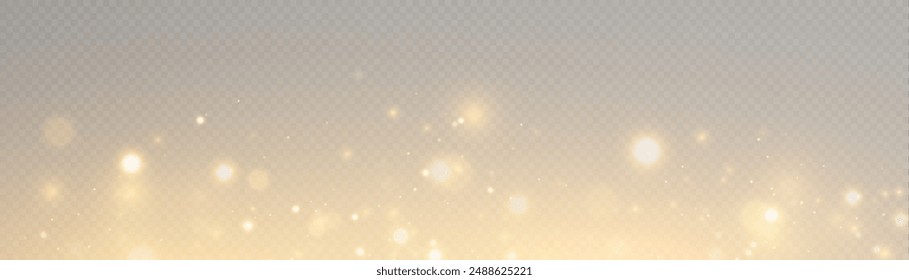 Light bokeh of gold dust with reflections. Christmas glowing bokeh and glitter overlay texture for your design on a transparent background. Gold particles abstract vector background.