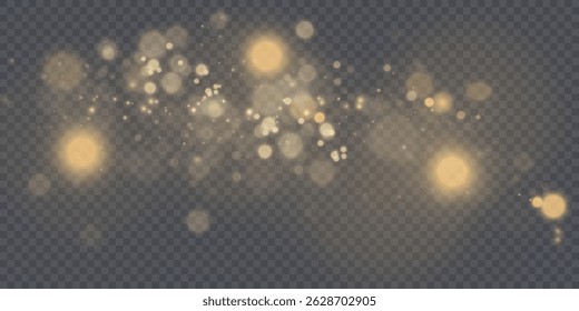 Leichtes Bokeh aus Goldstaub mit Reflexionen. Weihnachten glühenden Bokeh und Glitter Overlay Textur für Ihr Design auf transparentem Hintergrund. Goldpartikel, abstrakter Vektorhintergrund.
