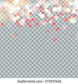 Light bokeh and Heart of Valentines petals falling on transparent background. Flower petal in shape of heart confetti.