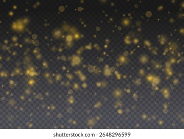 Light bokeh vector. Golden glow with glitter and flare on transparent background. Sparkle effect with stardust, confetti and warm shine. Festive illustration for xmas card, holiday night or celebratio