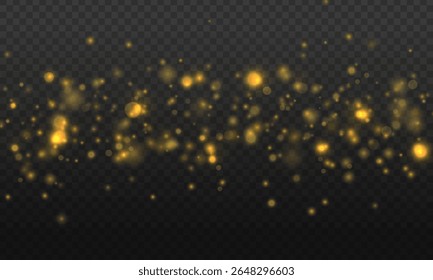 Light bokeh vector. Golden glow with glitter and flare on transparent background. Sparkle effect with stardust, confetti and warm shine. Festive illustration for xmas card, holiday night or celebratio
