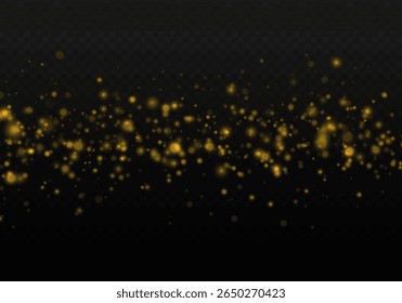 Light bokeh vector. Golden glow with glitter and flare on transparent background. Sparkle effect with stardust, confetti and warm shine. Festive illustration for xmas card, holiday night or celebratio