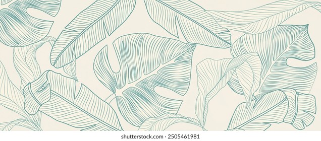 Light botanical art background with hand drawn tropical leaves in line style. Vector banner for decor, print, cover, invitations, wallpaper, packaging, social media, postcards