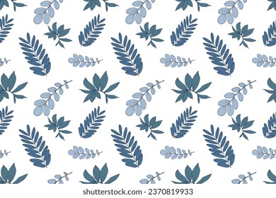 Patrón ininterrumpido botánico claro con varias plantas azules sobre un fondo blanco. Patrón de vector abstracto para ropa de mujer y de niño, ropa de cama, diseño de papel pintado, cubiertas, fondos.