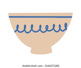 Light bowl with a blue pattern, isolated on a white background, table utensils. Flat design, hand drawn, cartoon.