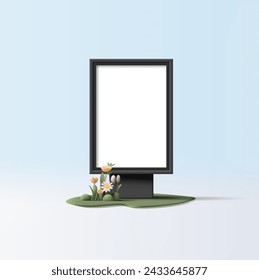 Light box 3d realistic mockup standing on green grass with spring flowers, street OOH advertising, blank template for promo