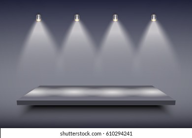 Light box with black presentation platform on dark backdrop with four spotlights. Editable Background Vector illustration.