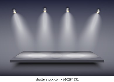 Light box with black presentation platform on dark backdrop with four spotlights. Editable Background Vector illustration.