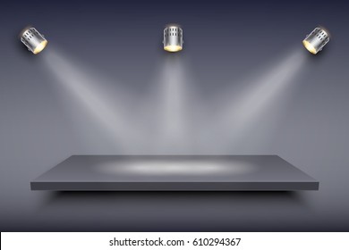 Light box with black presentation platform on dark backdrop with three spotlights. Editable Background Vector illustration.