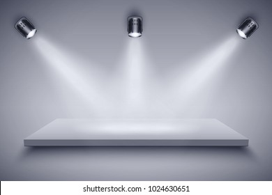 Caixa de luz com plataforma em preto e branco com três holofotes. Ilustração de vetor de fundo editável.