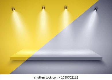 Light box with Black and white platform and yellow color on with four spotlights. Editable Background Vector illustration.