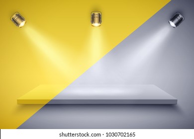 Light box with Black and white platform and yellow color on with three spotlights. Editable Background Vector illustration.