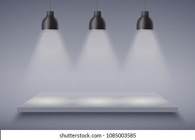 Light box with Black and white platform on with three vintage pendant cone lamps. Editable Background Vector illustration.