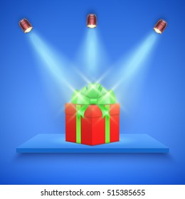 Light box with blue platform on blue backdrop with spotlights and gift box. Editable Background Vector illustration.