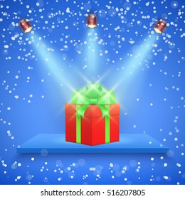 Light box with blue platform on blue backdrop with spotlights and gift box. Editable Background Vector illustration.