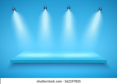 Light box with blue platform on blue backdrop with three spotlights. Mockup and Backdrop. Editable Background Vector illustration.