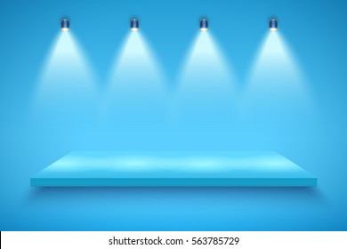 Light box with blue platform on blue backdrop with three spotlights. Mockup and Backdrop. Editable Background Vector illustration.