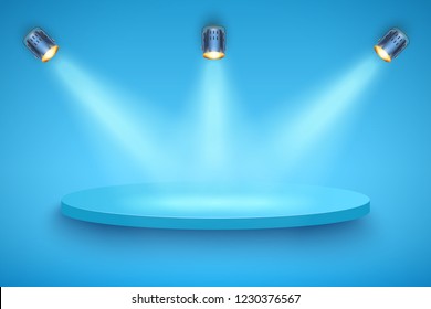 Light box with blue presentation circle platform on light backdrop with three spotlights. Editable Background Vector illustration.