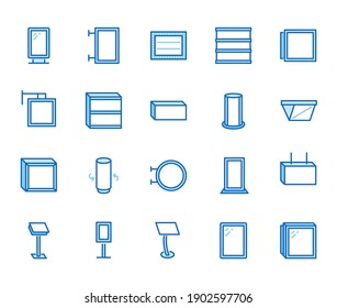 Light box flat line icons. Hanging signboard, retro lightbox, outdoor banner, shop advertising vector illustrations. Thin signs of street ads. Blue color, Editable Stroke.