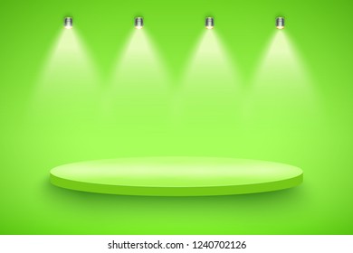 Light box with green presentation circle platform on light backdrop with four spotlights. Editable Background Vector illustration.