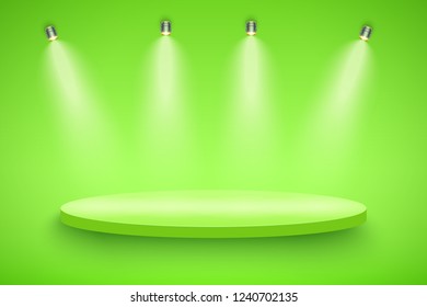 Light box with green presentation circle platform on light backdrop with four spotlights. Editable Background Vector illustration.