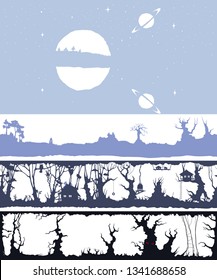 Light box paper cut template for lamp, night nature landscape with forest, moon, stars, jupiter, sky, space in vector