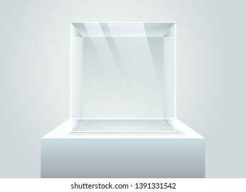 Light box pedestal. Empty isolated design light glass showcase, clean exhibition cube vector illustration