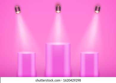 Light box with Pink presentation three column podiums on light backdrop with spotlights. Editable Background Vector illustration.