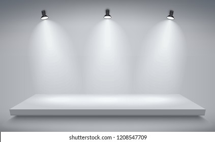 Light box platform with spotlights, Product presentation podium illuminated with light, gray stage with empty space, white pedestal, blank template mockup. vector