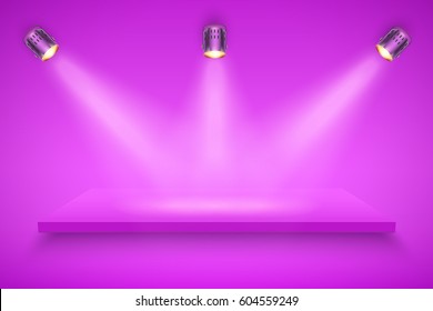 Light box with purple presentation platform on purple backdrop with three spotlights. Editable Background Vector illustration.