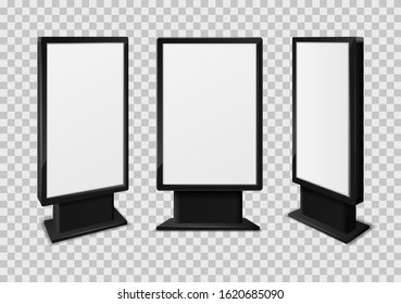 Light box. Realistic billboards, information advertising signage, outdoor frame display, exhibition communication stand design vector template of 3d ad screen