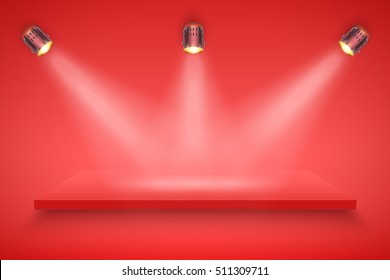 Light box with red platform on red backdrop with spotlights. Editable Background Vector illustration.