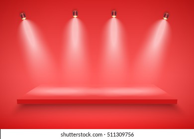 Light box with red platform on red backdrop with spotlights. Editable Background Vector illustration.