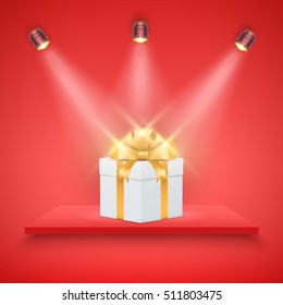 Light box with red platform on red backdrop with spotlights and gift box. Editable Background Vector illustration.