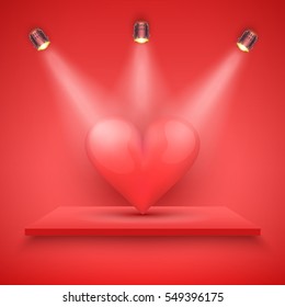 Light box with red platform on red backdrop with spotlights and big heart. Editable Background Vector illustration.