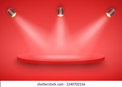 Light box with red presentation circle platform on light backdrop with three spotlights. Editable Background Vector illustration.