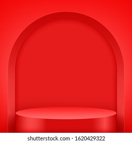 Light box with Red presentation circle podium with arch. Editable Background Vector illustration.