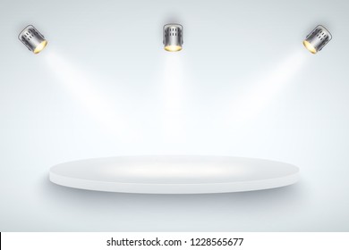 Light box with white presentation circle platform on light backdrop with three spotlights. Editable Background Vector illustration.