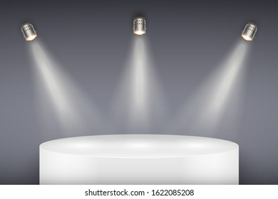 Light box with White presentation circle podium on light backdrop with three spotlights. Editable Background Vector illustration.