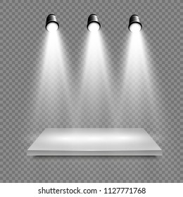 A light box with a white presentation platform on a transparent background with spotlights. Redectable vector illustration