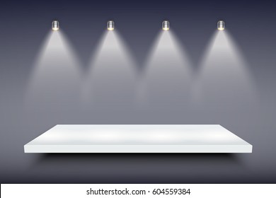 Light box with white presentation platform on dark backdrop with four spotlights. Editable Background Vector illustration.