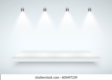 Light box with white presentation platform on light backdrop with four spotlights. Editable Background Vector illustration.